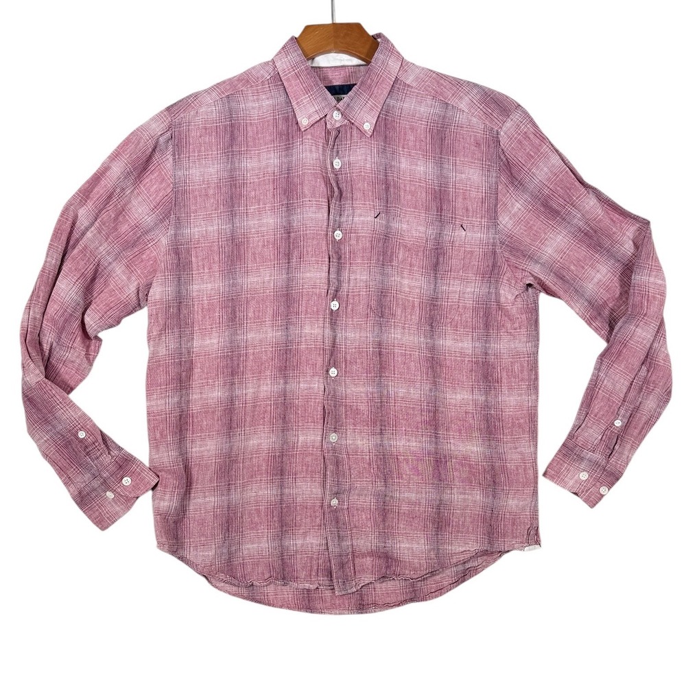 32 Bar Blues Cotton Linen Blend Plaid Button Down Shirt Pink Purple Mens Medium